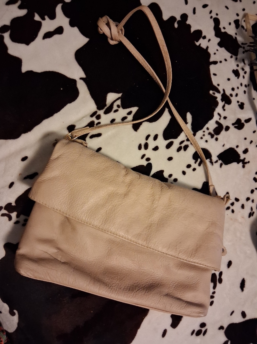 Neutral Beige Fold-Over Leather Crossbody Bag
